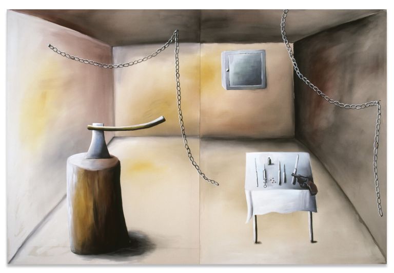 Andreas Schulze
Ohne Titel (Torture chamber), 1986
Acrylic on nettle cloth
230 &times; 340 cm (2-teilig)
90 1/2 &times; 133 7/8 inches (2 parts)