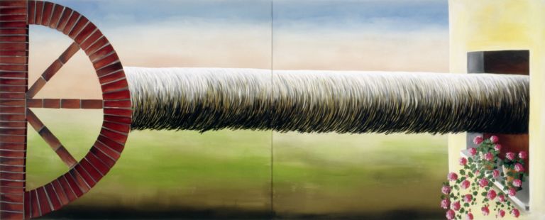 Andreas Schulze
Untitled, 1992
Acrylic on nettle cloth
190 &times; 480 cm (2-teilig)
74 7/8 &times; 189 inches (2 parts)