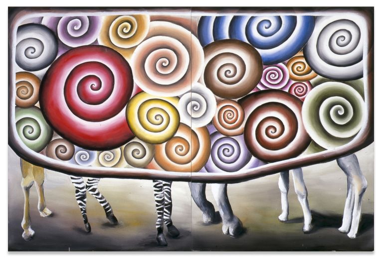 Andreas Schulze
Untitled, 1985
Acrylic on nettle cloth
230 &times; 340 cm (2-teilig)
90 1/2 &times; 133 7/8 inches (2 parts)