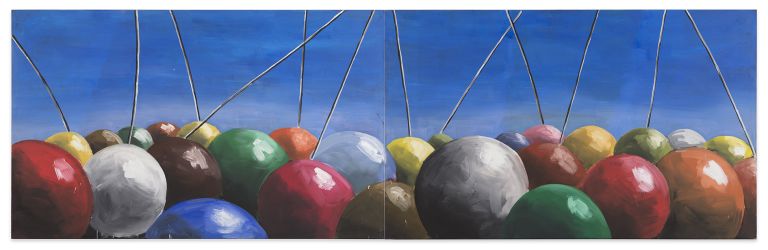 Andreas Schulze
Untitled (H&auml;ngende Kugeln), 1983
Acrylic on nettle cloth
160 &times; 520 cm (2-teilig)
63 &times; 204 3/4 inches (2 parts)