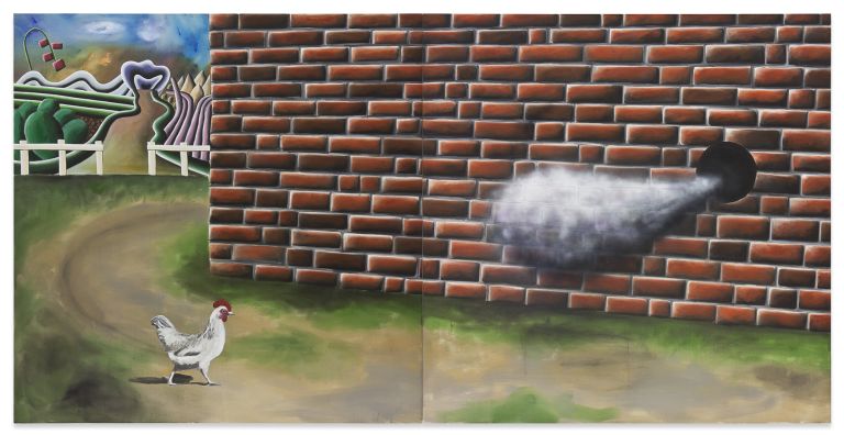 Andreas Schulze
Untitled (or Farm), 2014
Acrylic on nettle cloth
200 &times; 400 cm (2-teilig)
78 3/4 &times; 157 1/2 inches (2 parts)