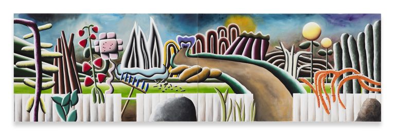 Andreas Schulze
Untitled (Garden), 2016
Acrylic on nettle cloth
170 &times; 580 cm (3-teilig)
67 &times; 228 3/8 inches (3 parts)