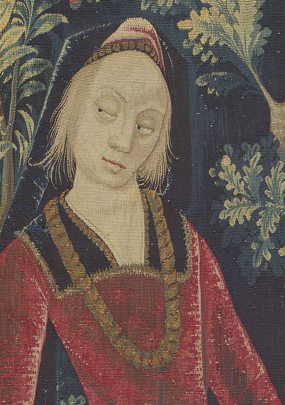 French and South Netherlandish
The Unicorn Surrenders to a Maiden (from the Unicorn Tapestries), 1494&ndash;1505 (detail)
Wool warp with wool, silk, silver, and gilt wefts
198.1 x 64.8 cm
78 x 25 1/2 inches
The Metropolitan Museum of Art, New York
