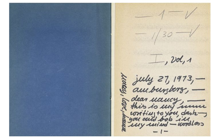 Hanne Darboven 
Untitled (Wordless), 1973
7 booklets (210 pages in total), pencil and felt tip pen on paper, bound (cord binding)
21 &times; 14.8 &times; 2.5 cm
8 1/4 &times; 5 7/8 &times; 1 inches