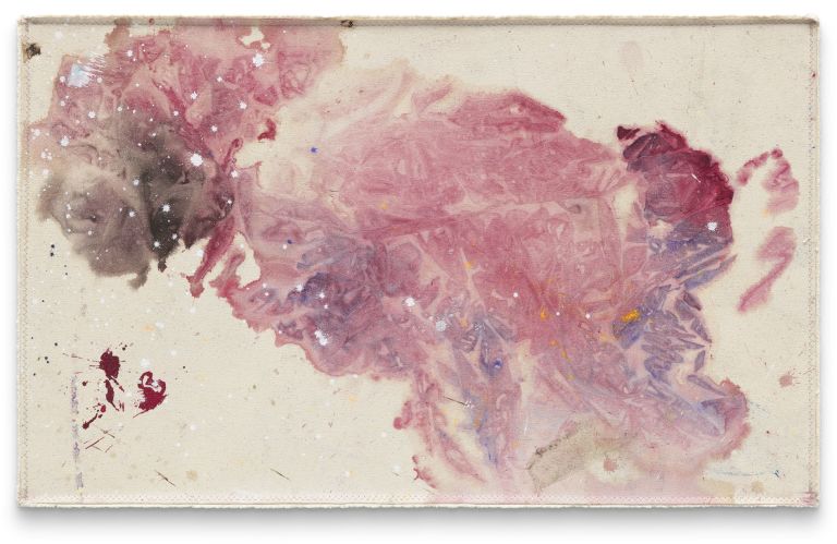 Lucy Dodd
Beauty&rsquo;s Way, 2021
Cochineal, squid ink, foss leaf extract, pigment and acrylic on canvas
55.2 &times; 90.2 cm
21 3/4 &times; 35 1/2 inches