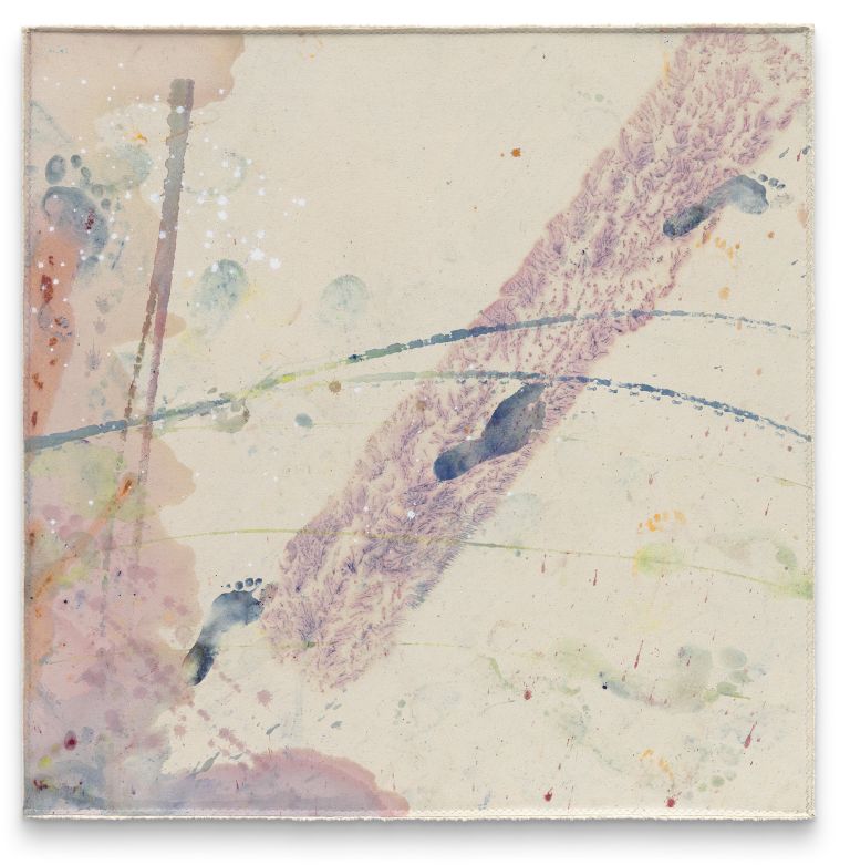 Lucy Dodd
Heart Racing, 2021
Puddles of pigment on canvas
99.1 &times; 99.1 cm
39 &times; 39 inches