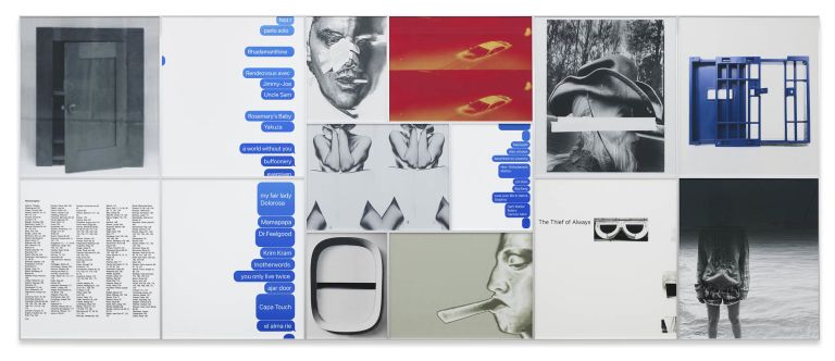 Collage featuring doorway, text messages, portraits, and abstract images arranged horizontally