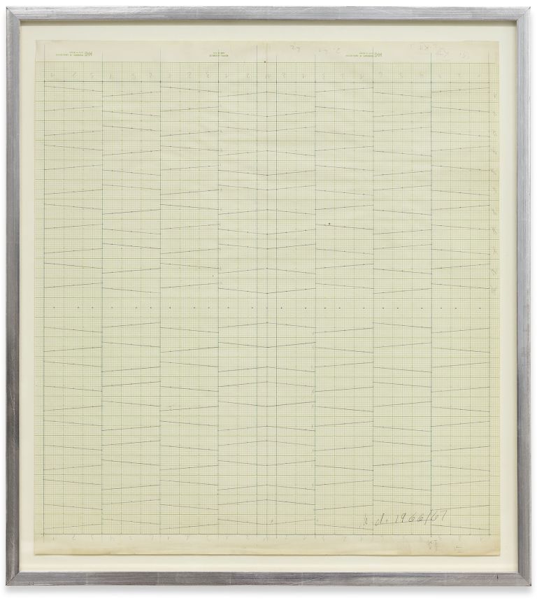 Hanne Darboven
Konstruktion/Perforation New York (Construction/Perforation New York), 1966/67
Pencil and ballpoint pen on graph paper, perforated
66.7 &times; 61 cm
26 1/4 &times; 24 inches