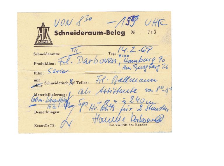 Cutting room receipt March 14, 1969. Archive of the Hanne Darboven Foundation, Hamburg.