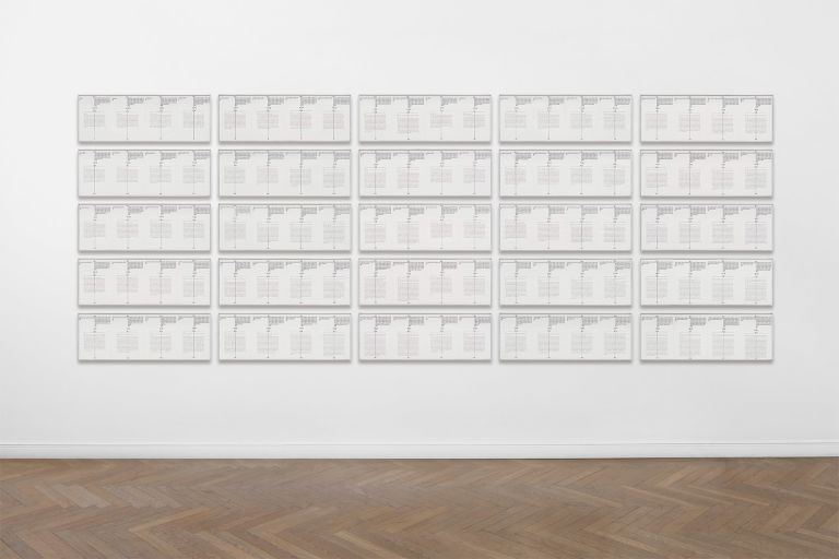 Hanne Darboven
Ein Jahrhundert.1b, 1971&ndash;74
Typewriter and ink on lined paper
100 sheets each 29.7 &times; 21 cm in 25 frames
100 sheets each 11 3/4 &times; 8 1/4 inches in 25 frames