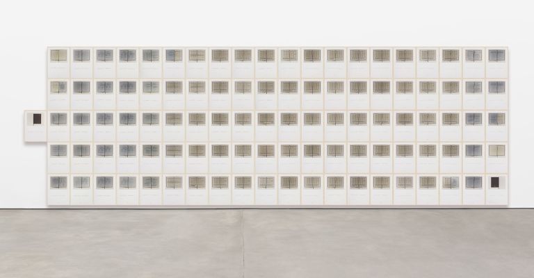 Hanne Darboven
Kalenderbuch 92 / Calendar book 92, 1992
101 panels; color photographs, red felt tip pen on cardboard
70 × 50 cm (each panel)
27 5/8 × 19 3/4 inches (each panel)
72.3 × 52.4 × 2.5 cm (each panel) (framed)
28 1/2 × 20 5/8 inches (each panel) (framed)