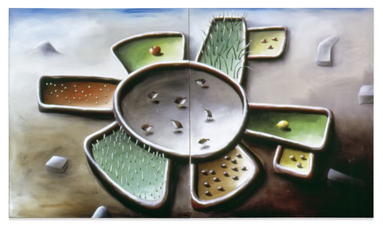 Andreas Schulze
Untitled, 1985
Acrylic on nettle cloth
175 &times; 380 cm (2-teilig)
69 &times; 149 5/8 inches (2 parts)