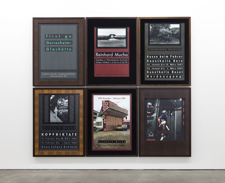 Reinhard Mucha
BBK-SLKNY-Edition, 1990, 1999
Edition 12 + 3 a. p.
Polyptych, six parts
Stained and varnished solid wood (frame), alkyd enamel painted on reverse of float glass, veneered, stained, and varnished blockboard (mat), float glass, offset print on fine art paper, Iris gicl&eacute;e print on deckle-edged paper
4 parts, each 115.4 x 86.8 x 5.8 cm / 45 3/8 x 34 1/8 x 2 1/4 inches
2 parts, each 115.4 x 86.8 x 6.2 cm / 45 3/8 x 34 1/8 x 2 3/8 inches  
Overall dimensions 232.8 x 262.8 x 6.2 cm / 91 5/8 x 103 1/2 x 2 3/8 inches
&copy; muchaArchive