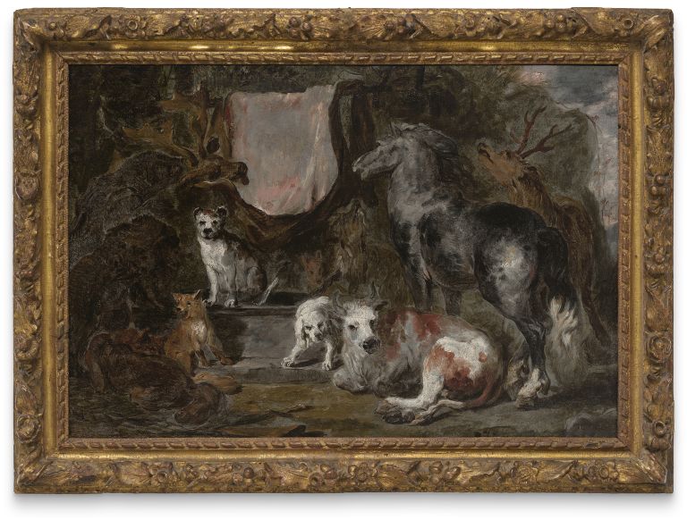 Jan Fyt
A horse, an ox, dogs, a boar, stags, a goat and foxes, 1640s
Oil on canvas
49.5 &times; 66.7 &times; 4.4 cm (framed) 19 1/2 &times; 26 1/4 &times; 1 3/4 inches (framed)