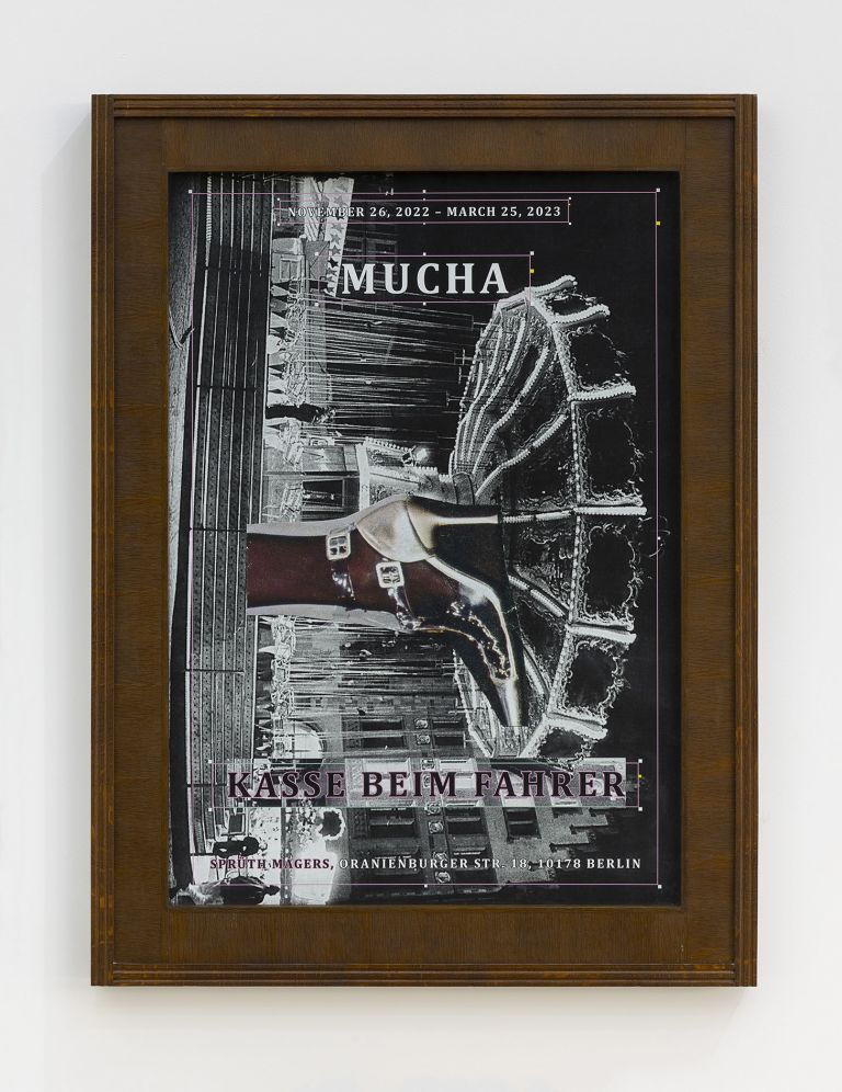 Reinhard Mucha
Kasse beim Fahrer, 2022
Stained and varnished solid wood (frame), float glass, veneered, stained, and varnished blockboard (mat), float glass, archival pigment print from photo collage
115.4 x 86.8 x 4.8 cm
45 3/8 x 34 1/8 x 2 inches
&copy; muchaArchive