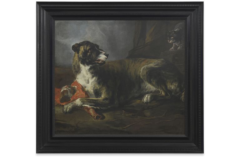 Jan Baptist Weenix
A Boar Hound with a Joint of Meat Near an Enraged Cat, ca. 1650&ndash;55
Oil on canvas
149.2 &times; 164.5 &times; 10.5 cm (framed)
58 3/4 &times; 64 3/4 &times; 4 1/8 inches (framed)
