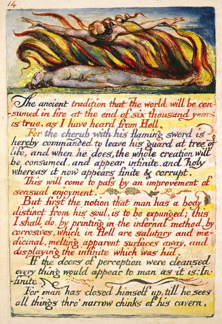 A hand-painted plate from William Blake's book Marriage of Heaven and Hell, composed between 1790 and 1793. The line from which Aldous Huxley derives the title of his essay The Doors of Perception is found in the penultimate stanza.