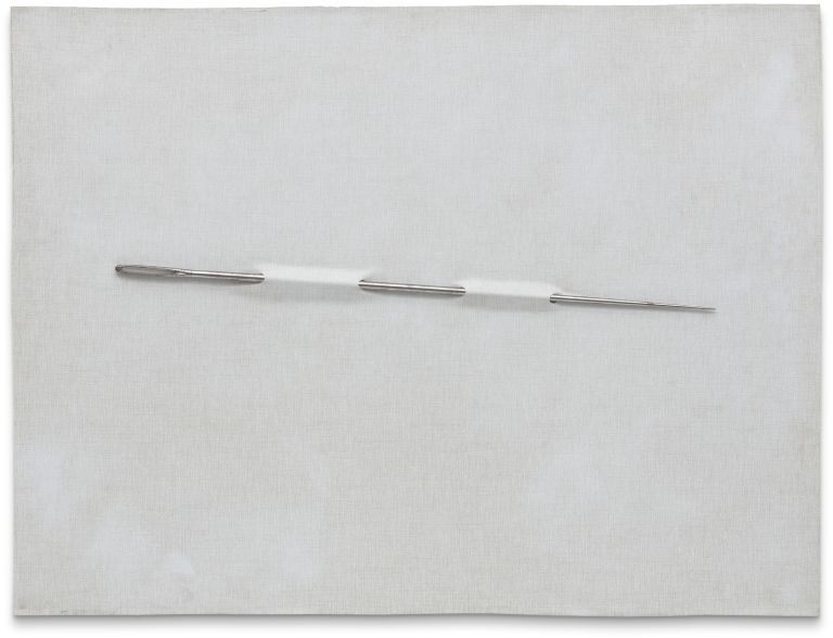 Robert Therrien
No title (needle), 1993
Needle: chrome plated steel
Panel: vinyl and paint, mounted on panel
Needle: 1.9 × 1.9 × 113.6 cm
Panel: 114.3 × 152.4 cm
Needle: 3/4 × 3/4 × 44 3/4 inches
Panel: 45 × 60 × 1 inches
