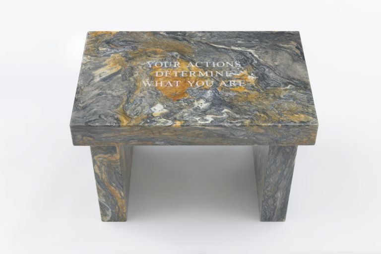 Jenny Holzer
Selection from Truisms: Your actions determine…, 2019
Text: Truisms (1977–79)
Azul do Mar quartzite footstool
43.2 × 63.5 × 40.6 cm
17 × 25 × 16 inches
Edition 5 of 6