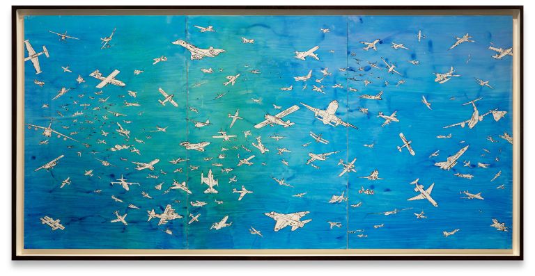 Alighiero Boetti
Aerei, 1989
Ink and watercolor on paper laid down on canvas
3 parts
95 × 66 cm | 37 3/8 × 26 inches each
95 × 198 cm | 37 3/8 × 78 inches total
108.8 × 206.9 cm | 42 7/8 × 81 1/2 inches (framed)