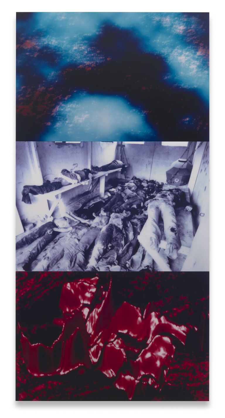 Gretchen Bender
Untitled (Landscape, Computer Graphics, Death Squad), 1987
Three dye-sublimation prints, middle photograph by an unknown photographer, taken during El Salvadoran Civil War
304.8 x 152.4 cm | 120 x 60 inches
Edition of 6 + 1 AP