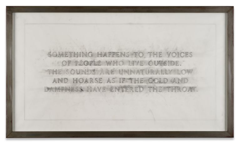 Jenny Holzer
Living: Something happens to the voices of people…, 2018–24
Text: Living (1980–82)
Carbon on tracing paper
56.5 × 102.2 cm | 22 1/4 × 40 1/4 inches
62.9 × 108.6 × 3.8 cm | 24 3/4 × 42 3/4 × 1 1/2 inches (framed)