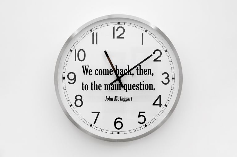 Joseph Kosuth
‘The Question (J.M.)’, 2024
Clock and vinyl
Diameter: 190 cm | 74 7/8 inches
Depth: 25.2 cm | 10 inches