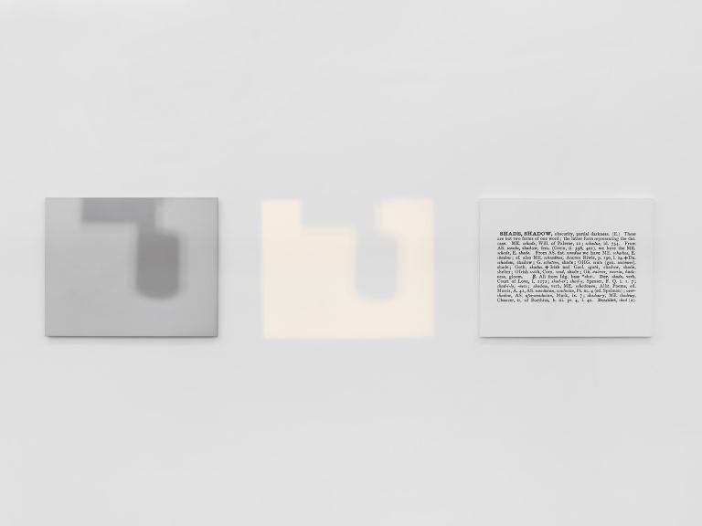 Joseph Kosuth
‘One and Three Shadows’ [Ety./Hist.], 1965
Shadow, mounted photograph of a shadow and mounted photographic enlargement of dictionary definition of ‘Shadow’
Overall: 61 x 267 cm | 24 x 105 1/8 inches
Photograph Shadow: 61 x 76 cm | 24 x 30 inches
Photograph Definition: 61 x 76 cm | 24 x 30 inches