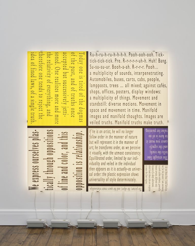 Joseph Kosuth
‘Mondrian’s Work XV’, 2015
Silkscreen on glass, white neon mounted directly on the wall
200 x 200 cm | 78 3/4 x 78 3/4 inches