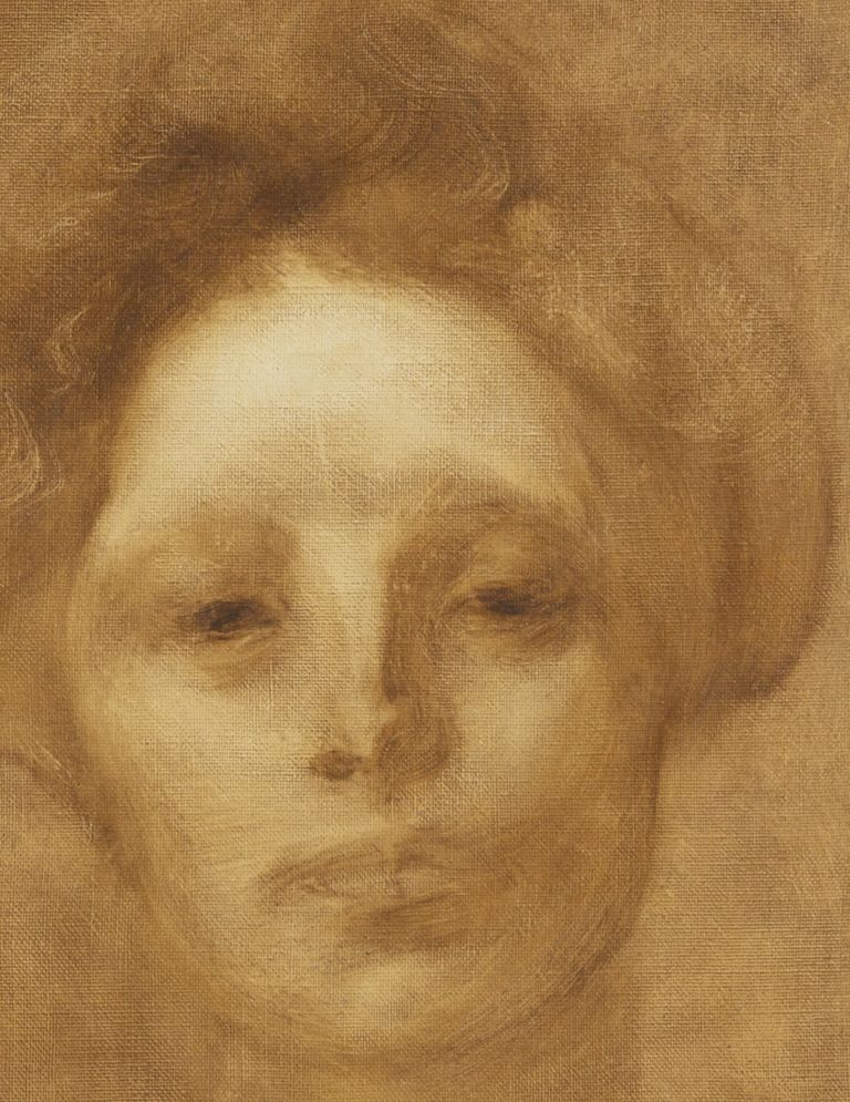 Portrait painting in ornate wooden frame showing a person with curly hair rendered in warm, sepia tones on canvas.