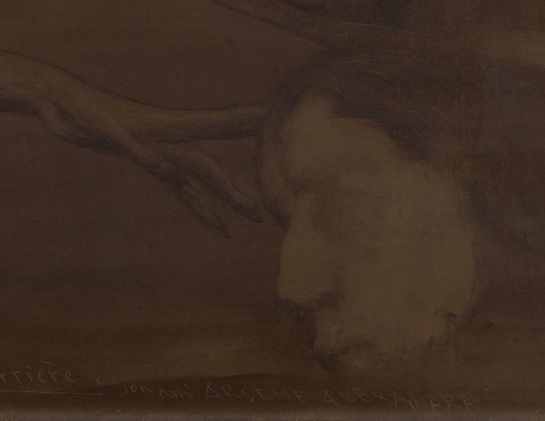 Dark abstract artwork in gold frame, featuring muted brown tones with shadowy forms and minimal detail.