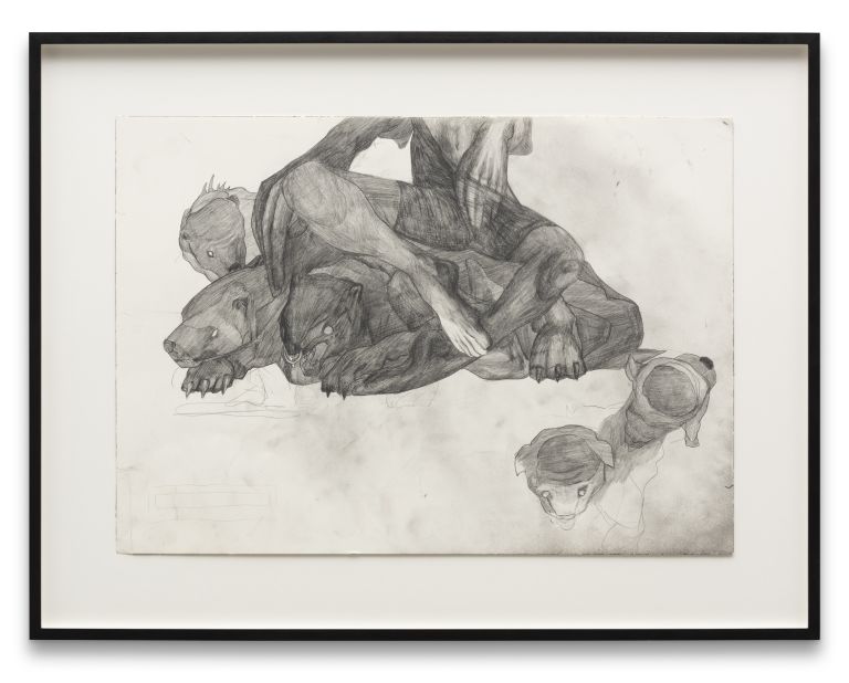 Three framed drawings arranged on white wall showing figural sketches and studies in graphite or charcoal.