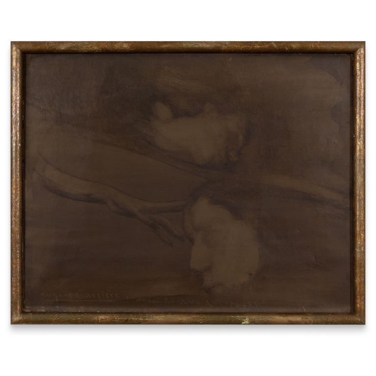 Dark abstract artwork in gold frame, featuring muted brown tones with shadowy forms and minimal detail.