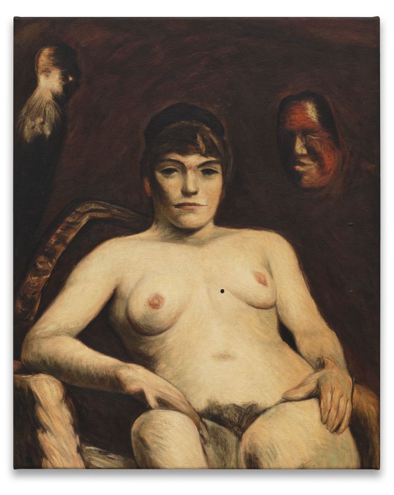 Classical-style nude portrait painting of a seated female figure with darker tones and shadowy background figures visible.