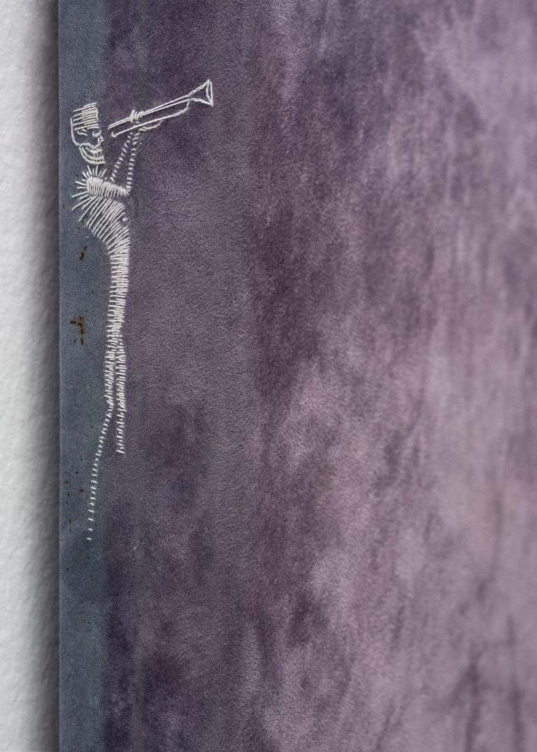 Close-up of purple abstract painting showing white line drawing of figure holding trumpet or horn against purple watercolor background.