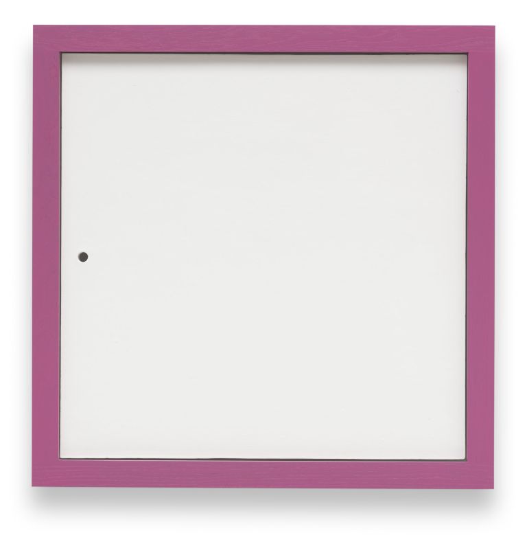 Minimalist white square artwork with pink colored borders mounted on white wall. It features a small black hole near the left edge.