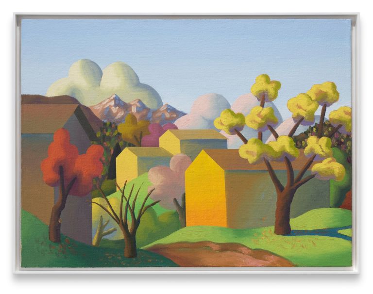 Colorful landscape painting with stylized trees in autumn colors, geometric yellow and pink houses, mountains, and fluffy clouds against a blue sky