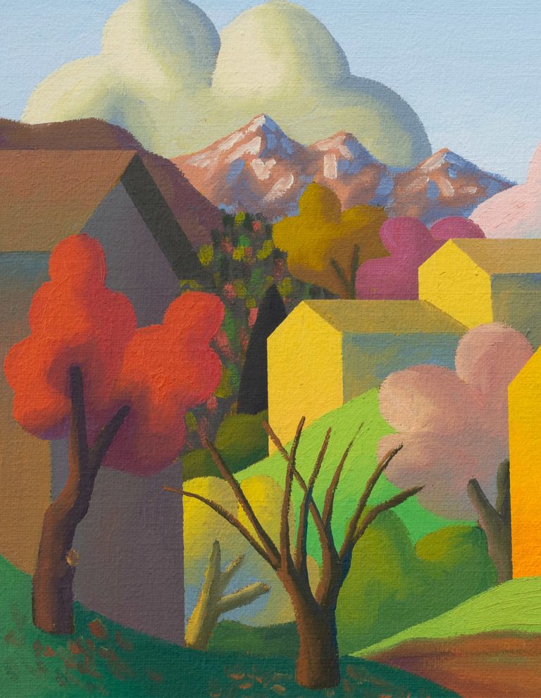 Colorful landscape painting with stylized trees in autumn colors, geometric yellow and pink houses, mountains, and fluffy clouds against a blue sky