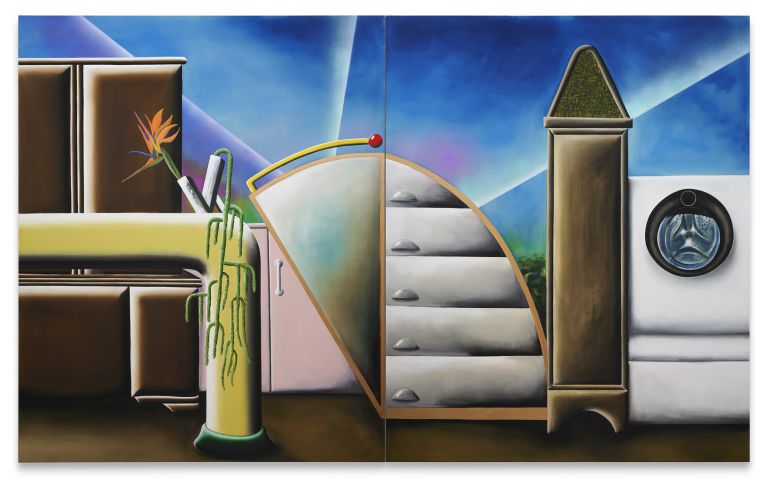 Detailed surreal painting featuring compartmentalized shelving, curved staircase, cylindrical tower, and mixed architectural elements with a bird of paradise flower
