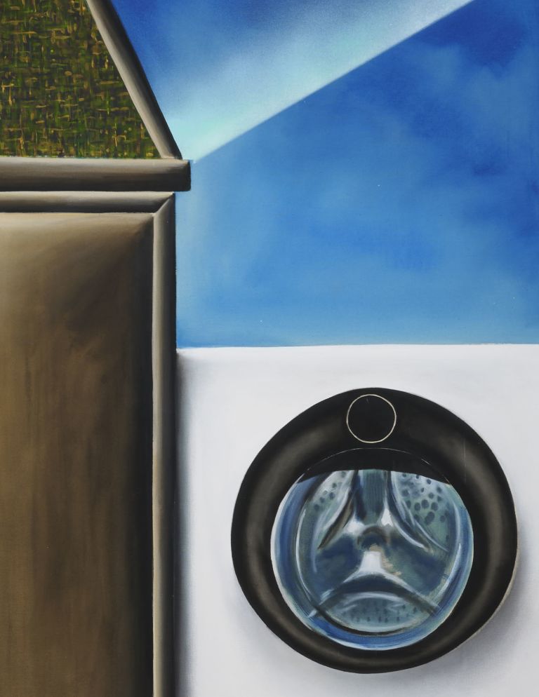 Detailed surreal painting featuring compartmentalized shelving, curved staircase, cylindrical tower, and mixed architectural elements with a bird of paradise flower