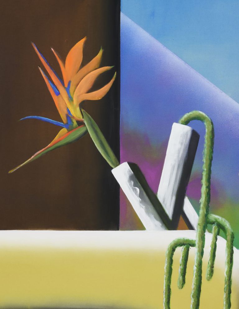 Detailed surreal painting featuring compartmentalized shelving, curved staircase, cylindrical tower, and mixed architectural elements with a bird of paradise flower