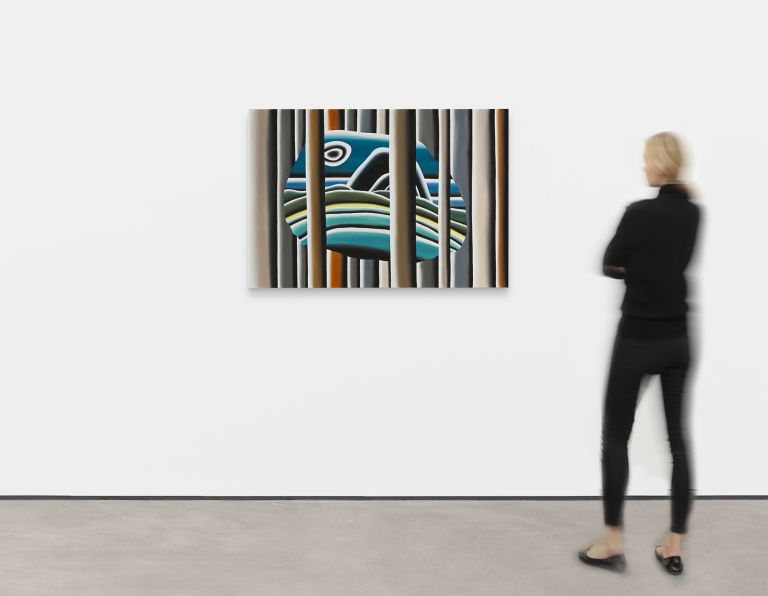 Abstract painting of a blue and green striped fish or marine creature viewed through vertical brown and gray bars, creating a cage-like effect