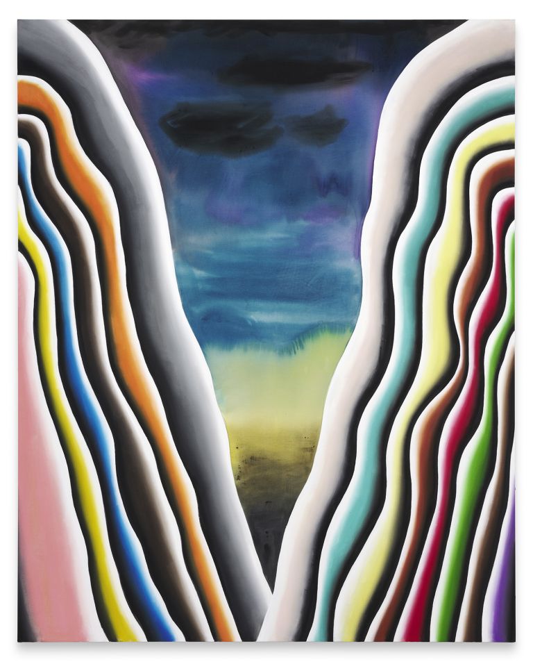 Abstract painting with flowing, layered bands of multiple colors creating a V-shaped opening that reveals a stormy seascape in the center