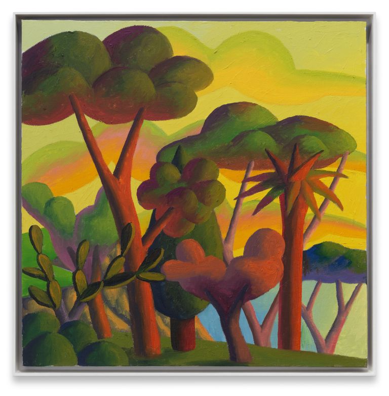 Colorful expressionist painting of stylized trees with curved trunks in red, green, and purple against a yellow sky with rolling hills