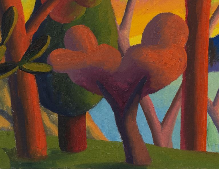 Colorful expressionist painting of stylized trees with curved trunks in red, green, and purple against a yellow sky with rolling hills