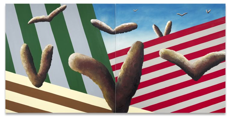 Surreal painting with floating brown cactus-like forms against red and white stripes and green geometric shapes