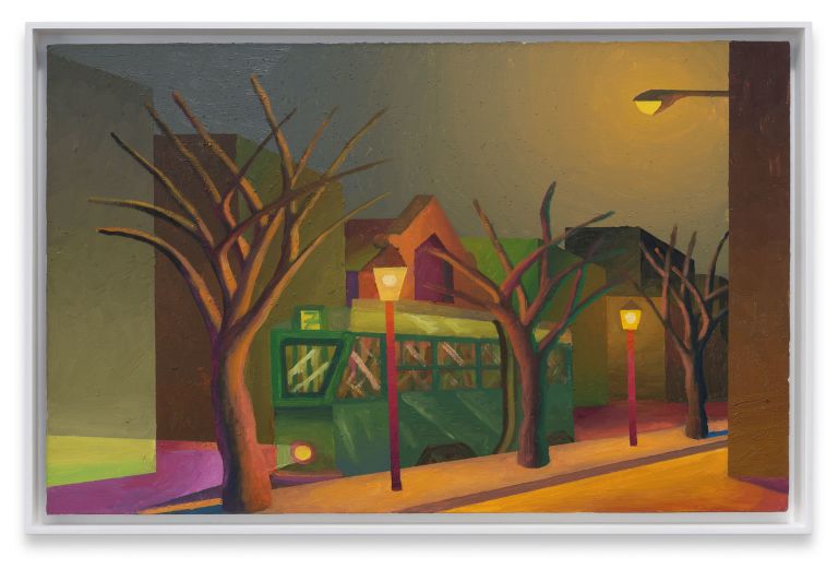 Colorful painting of a green trolley or streetcar at night with bare trees, street lamps, and warm lighting in an urban setting