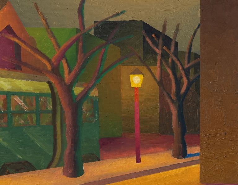 Colorful painting of a green trolley or streetcar at night with bare trees, street lamps, and warm lighting in an urban setting