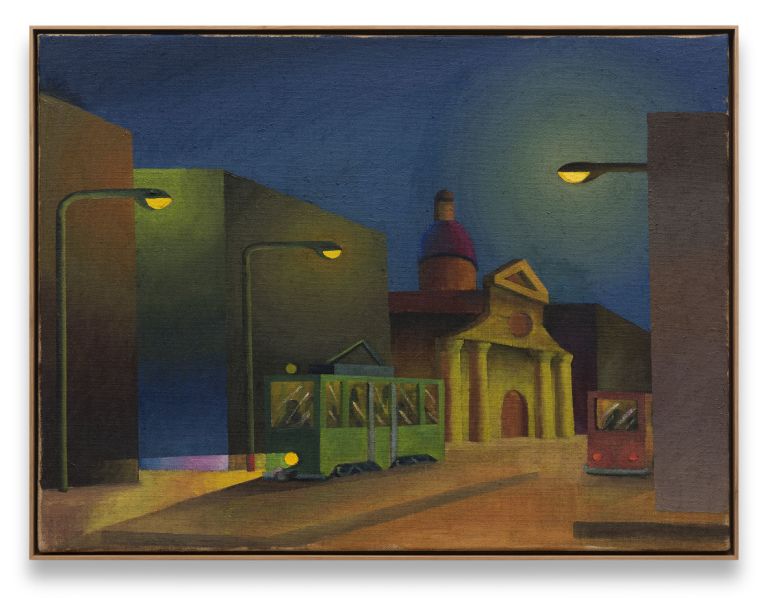 Nighttime urban scene painting with green trolley, classical building with dome, street lamps, and deep blue sky in folk art style