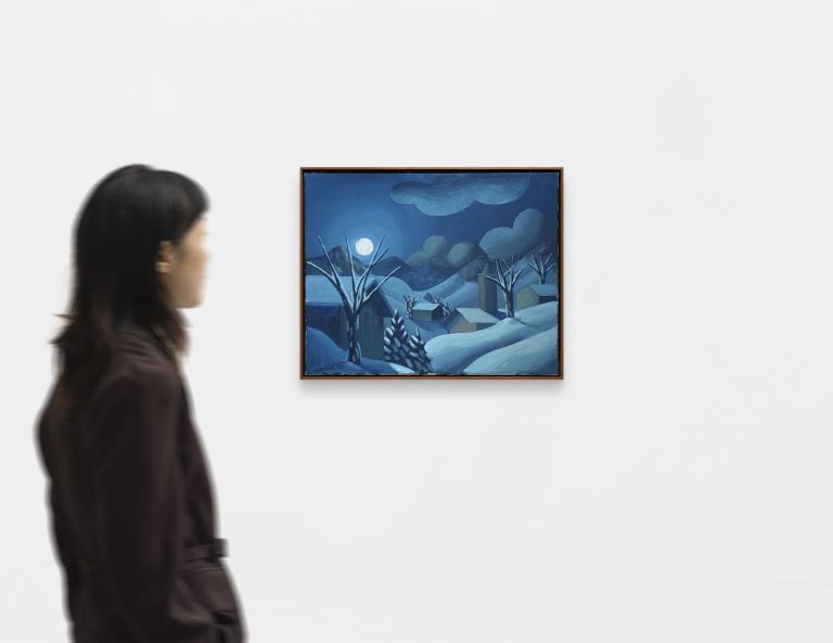 Winter landscape painting with bare trees, snow-covered hills, small buildings, full moon, and cloudy blue night sky